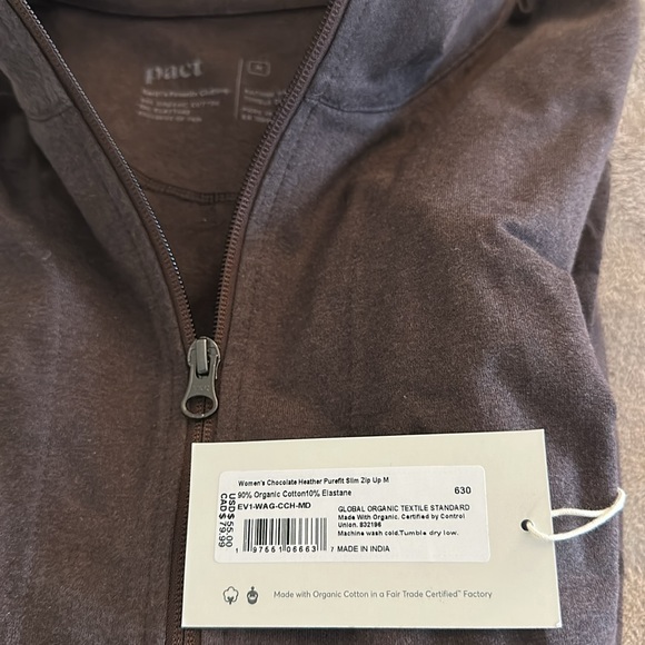 Pact Women’s Organic Cotton Chocolate Heather Purefit Slim Zip Up (M) BNWT - Picture 5 of 11